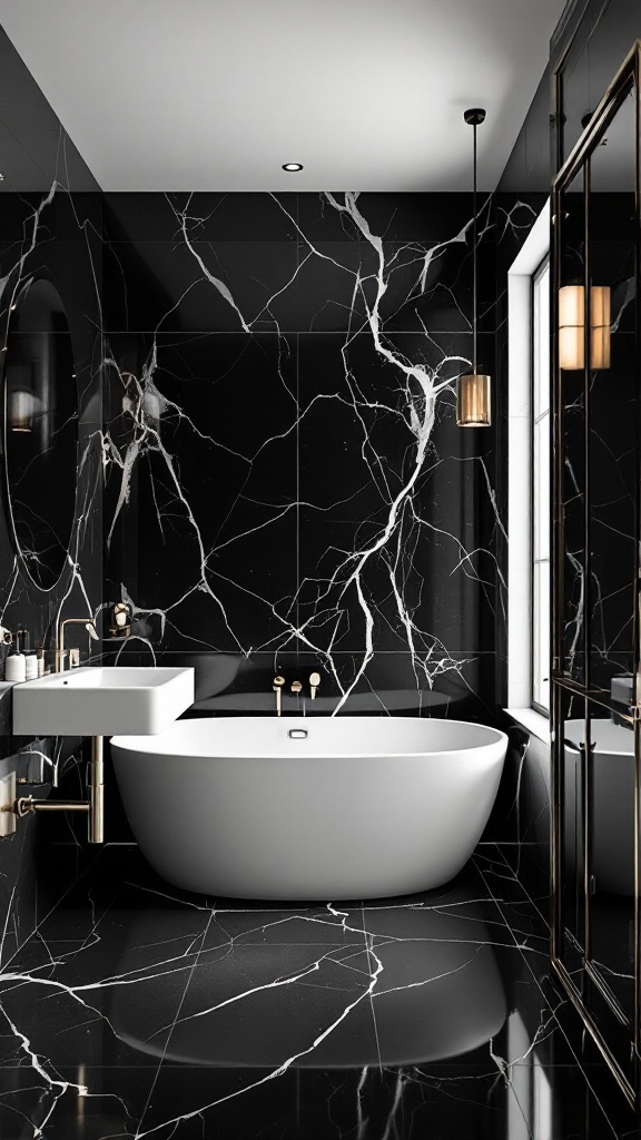 Elegant black marble tiled bathroom with white bathtub and gold fixtures