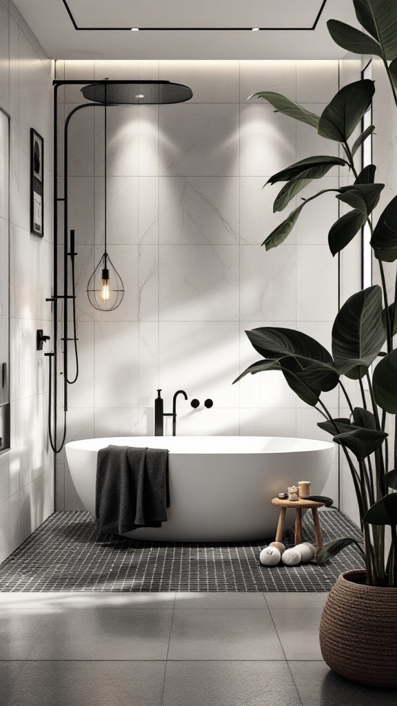 A modern bathroom featuring a freestanding bathtub, black and white tiles, a potted plant, and stylish lighting.