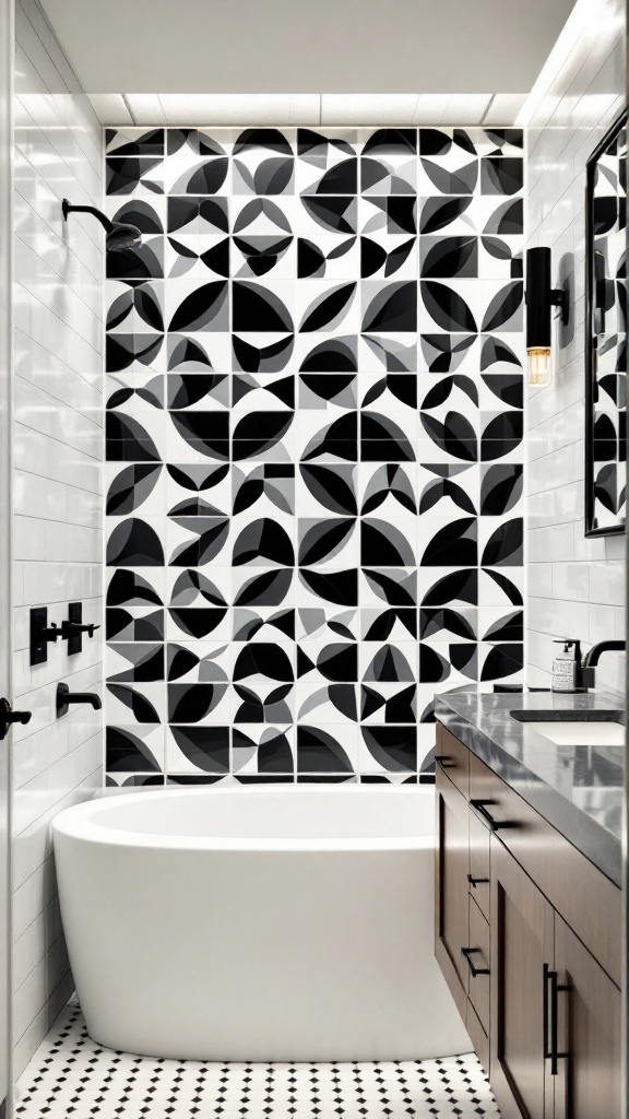 A stylish bathroom featuring a geometric accent wall made of black and white tiles, with a freestanding bathtub and modern fixtures.