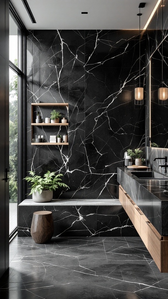 Black marble bathroom with wooden accents and plants