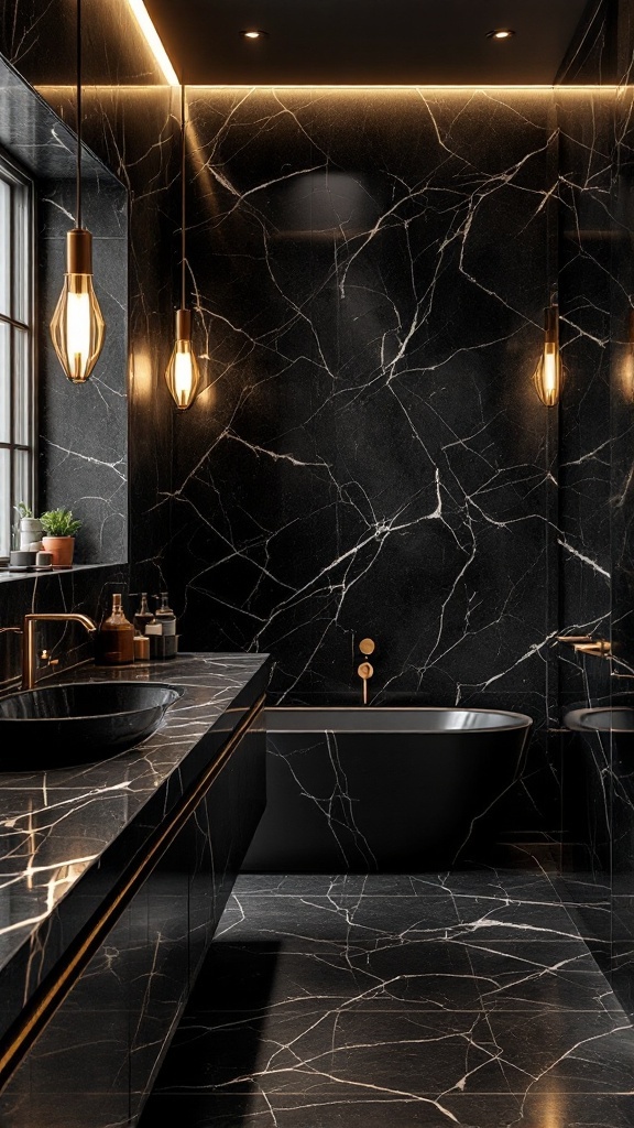 A stylish black marble bathroom featuring pendant lights and a modern, minimalist design.