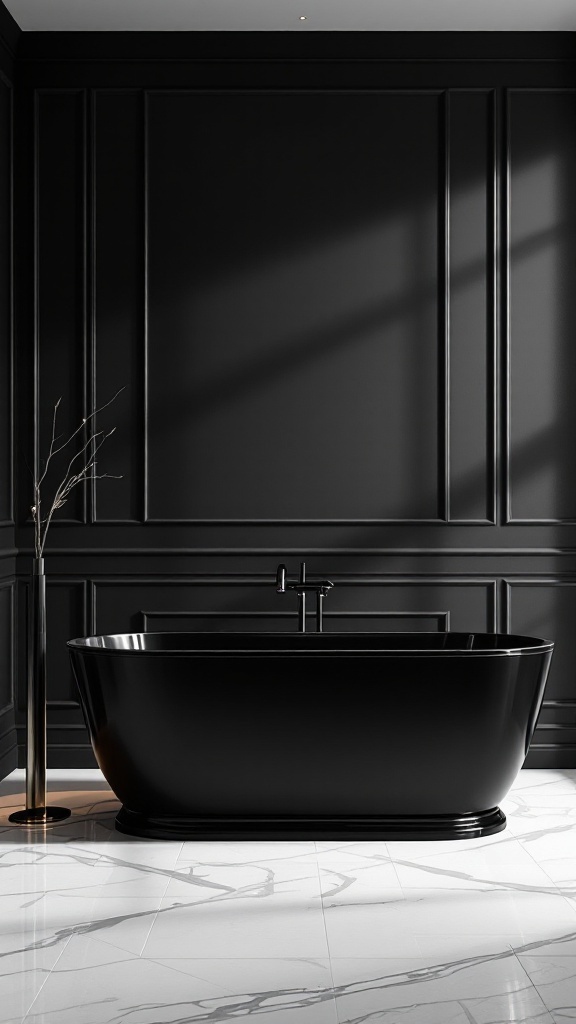 Luxurious black bathtub against a black wall in a modern bathroom