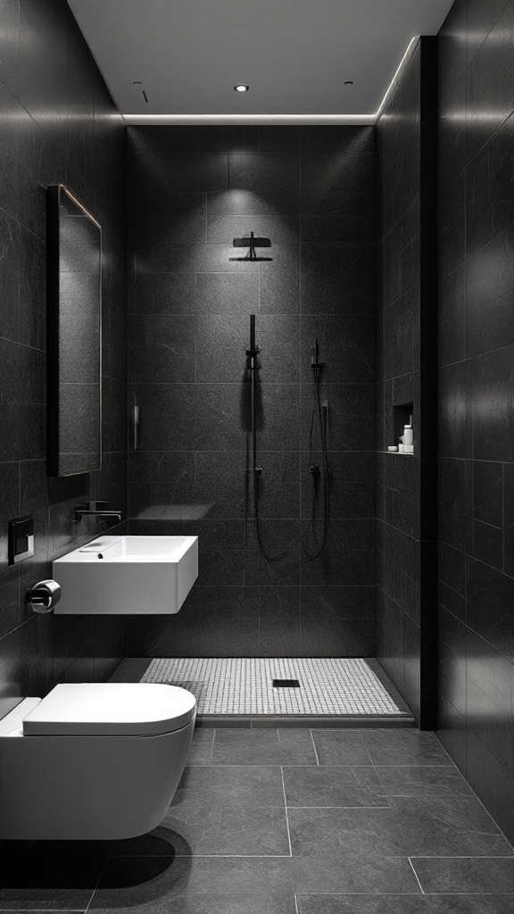 A modern black and white tiled bathroom featuring a wall-mounted sink, dual showerheads, and sleek design elements.