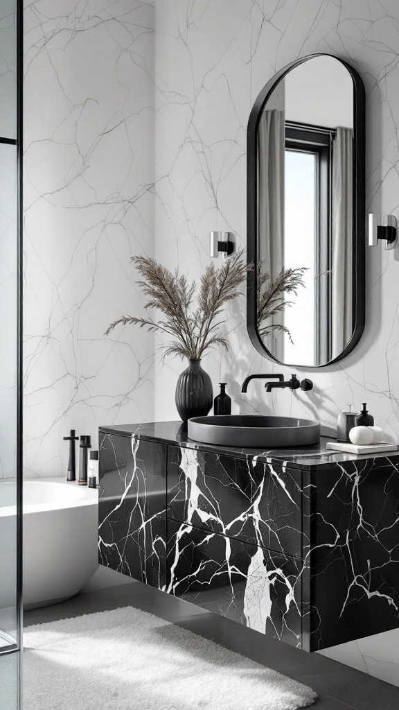 A modern black marble bathroom featuring a sleek vanity with a round basin and a circular mirror.