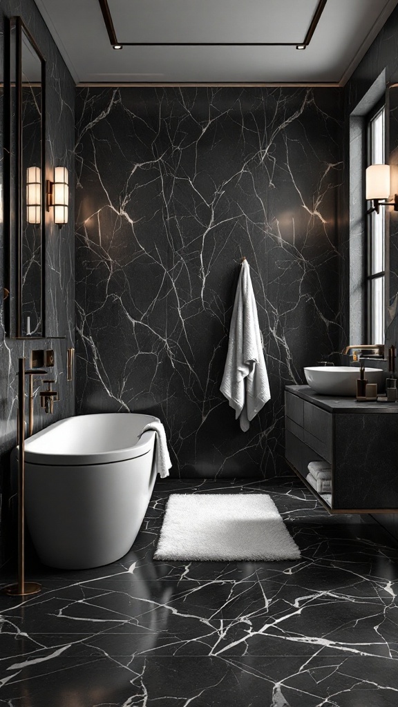 A modern black marble bathroom featuring textured flooring, a white bathtub, and elegant lighting.