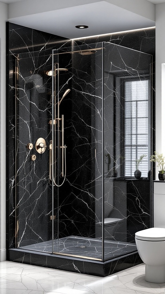 A luxurious black marble shower with gold fixtures and glass doors, featuring elegant veining and natural light.