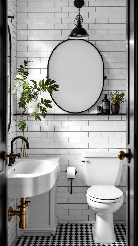 A bathroom featuring vintage subway tiles, a classic sink, and a black and white floor design