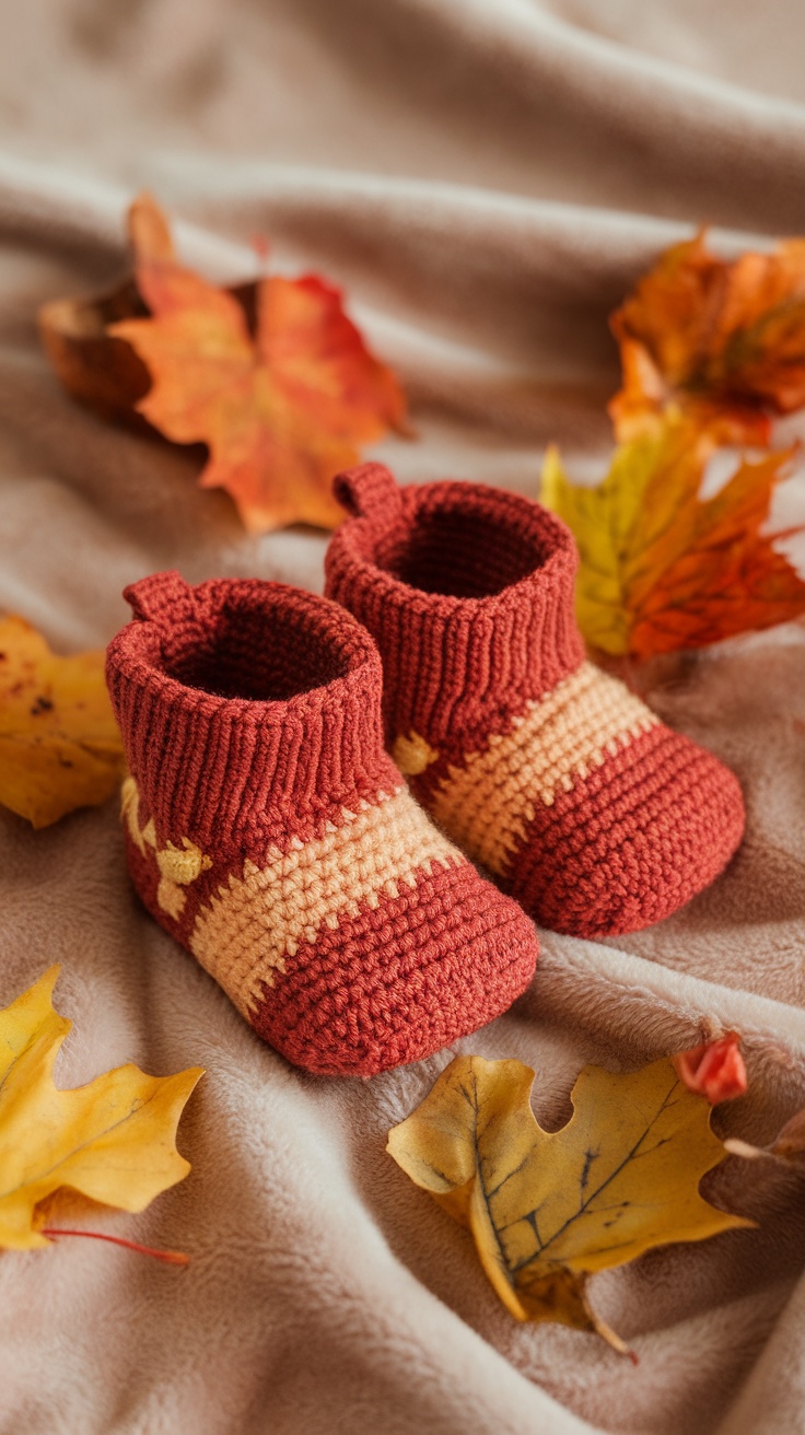 Cozy crochet baby booties in fall colors surrounded by autumn leaves.