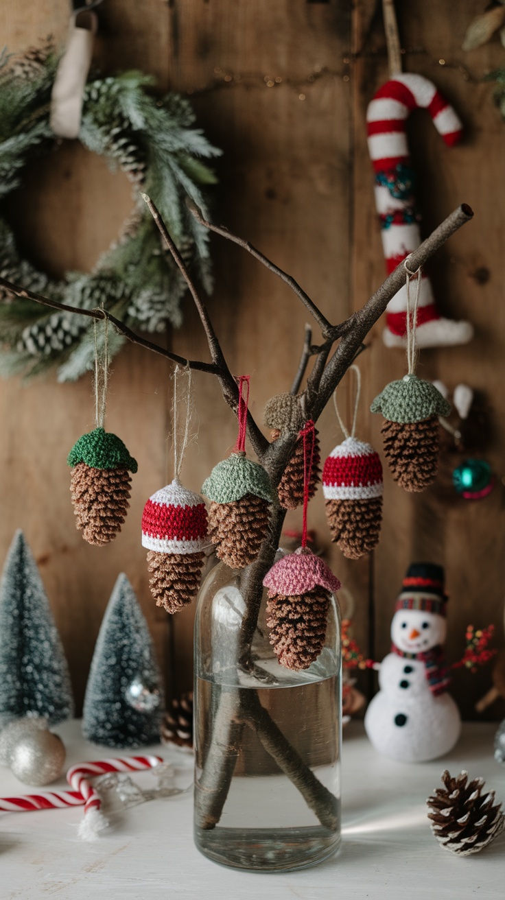 Crochet pine cone ornaments hanging from branches in a decorative setting with festive elements.