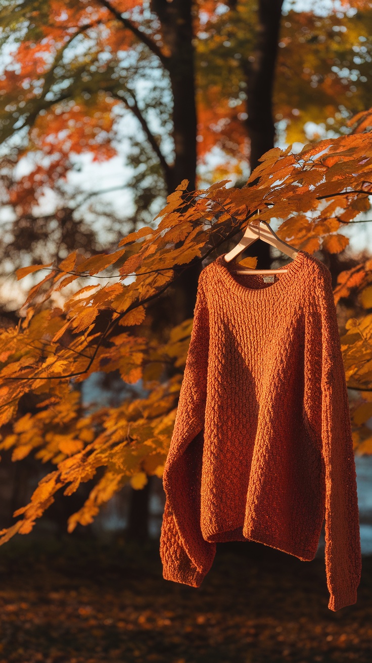 A warm orange crochet sweater hanging on a branch with autumn leaves in the background.