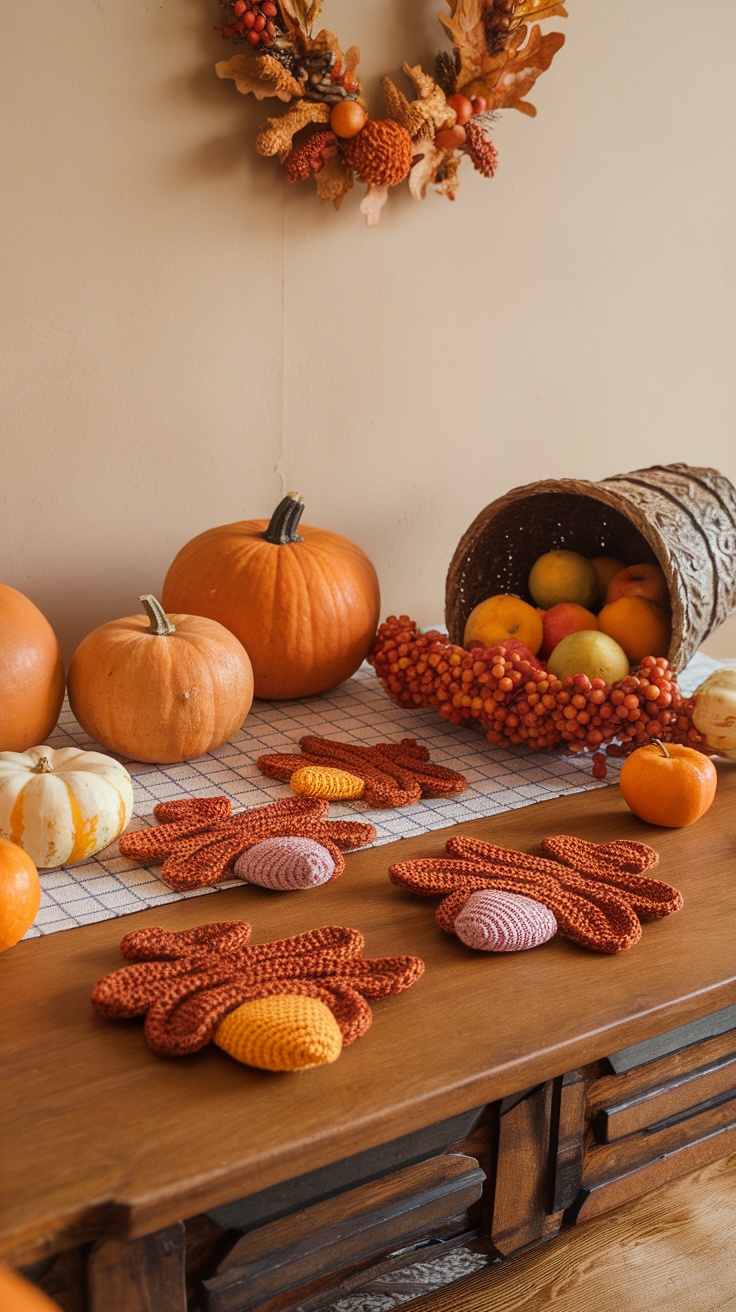 Crocheted acorn and leaf coasters on a table with pumpkins.