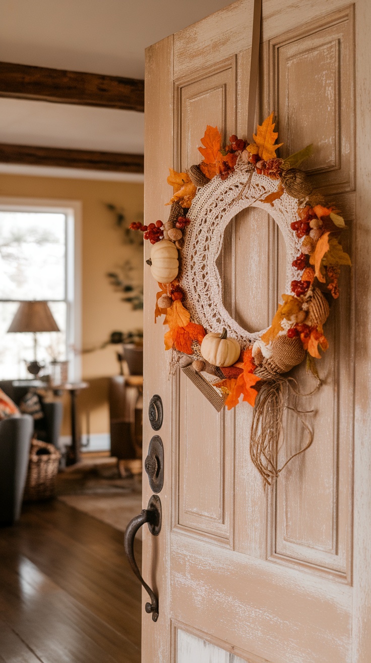 A decorative crochet fall wreath hanging on a door with autumn leaves and small pumpkins.