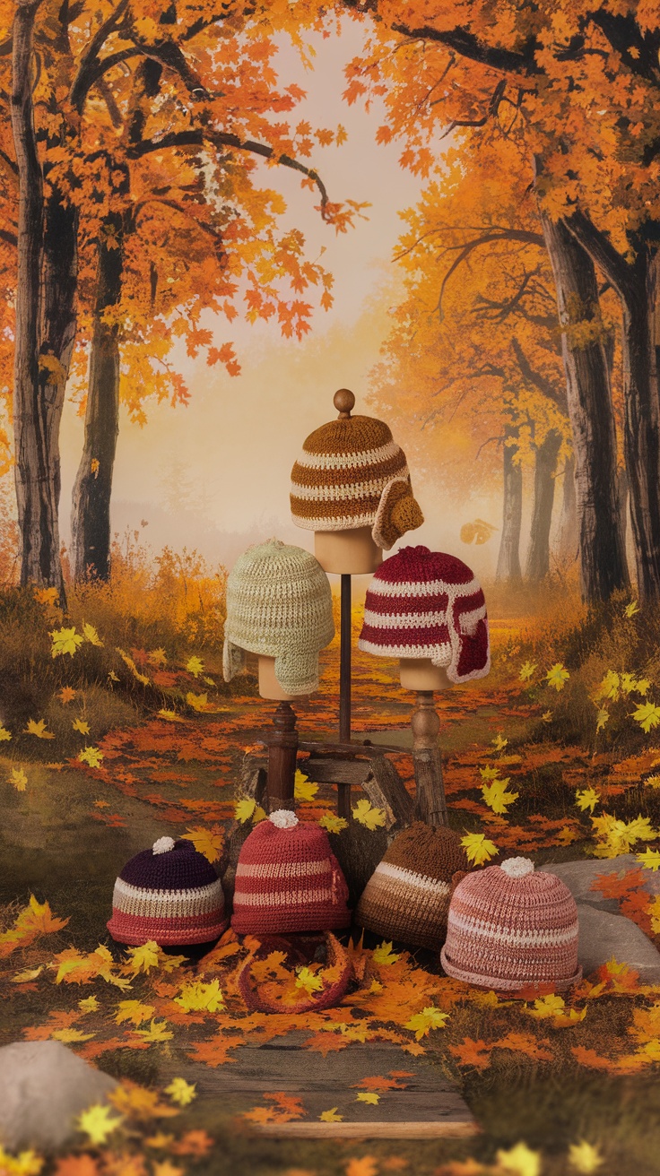 A display of various crochet hats in fall colors, set against an autumn backdrop of orange trees and fallen leaves.