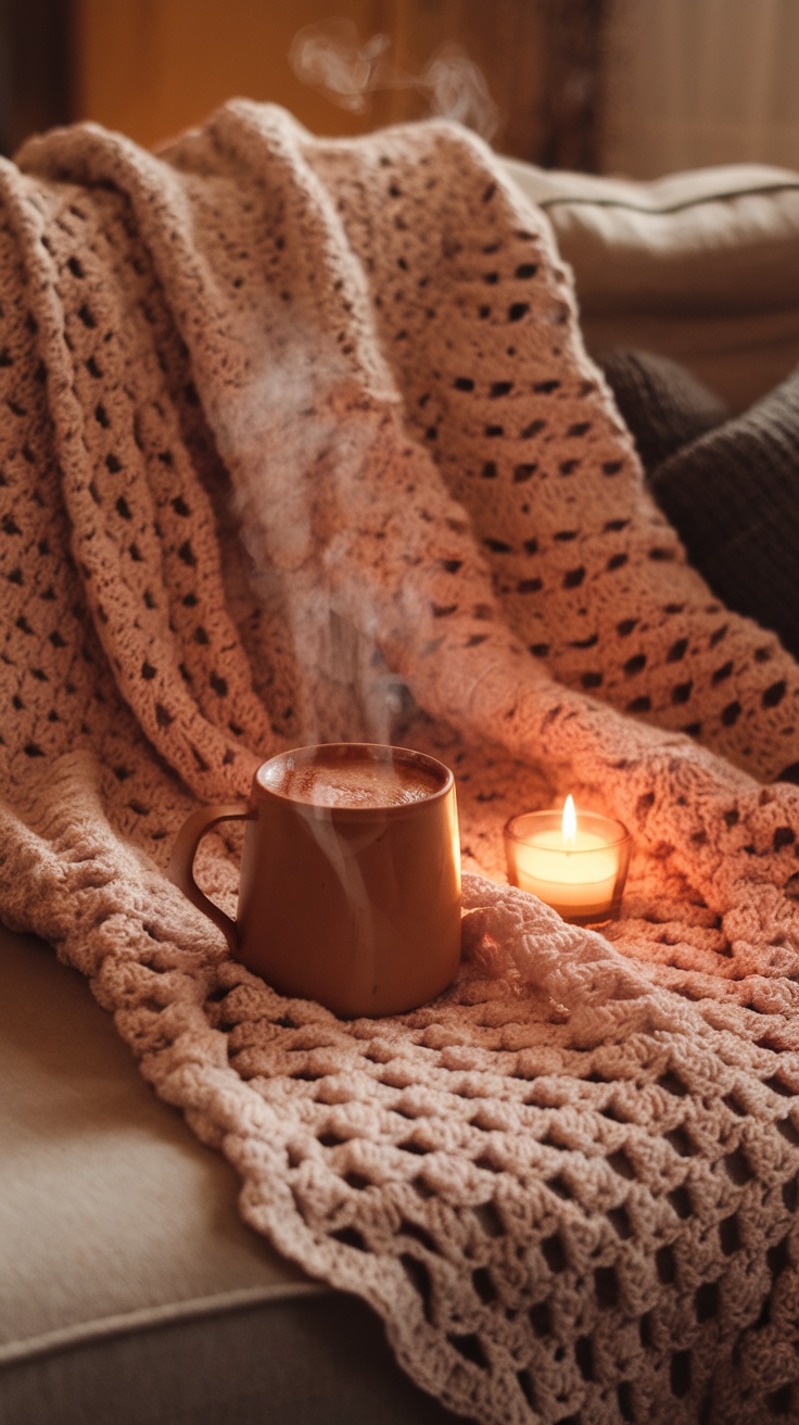 A cozy crochet blanket draped over a couch with a steaming cup and a candle.