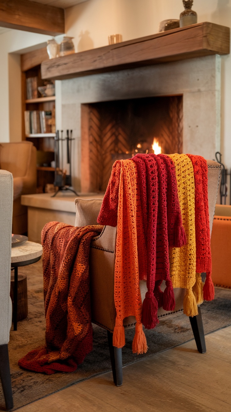 A collection of warm crochet scarves in autumn colors hanging on a chair near a fireplace.