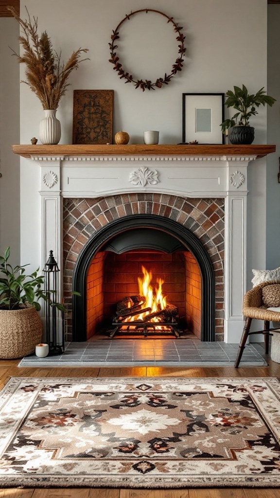 Stylish hearth rug in front of a cozy fireplace with decorative elements around