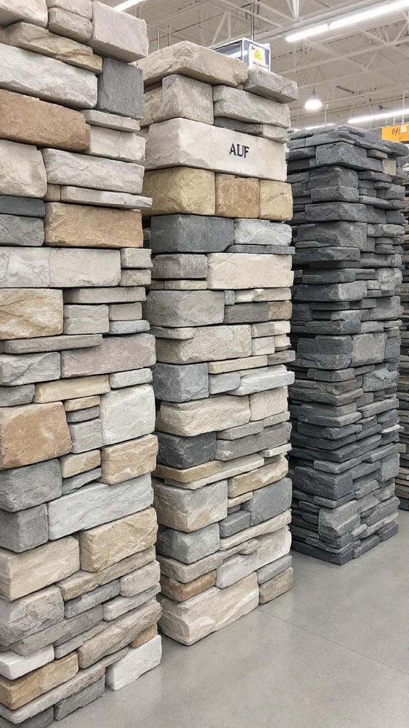 Various types of stacked stone displayed in a store