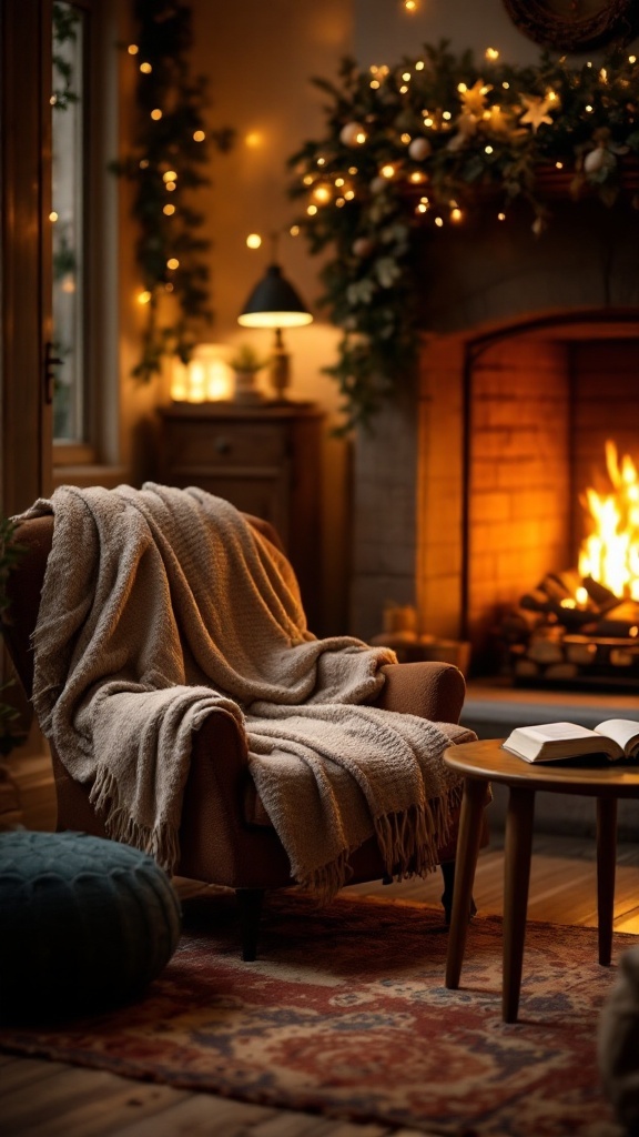 A cozy nook with an armchair and blanket next to a glowing fireplace, creating a warm atmosphere.