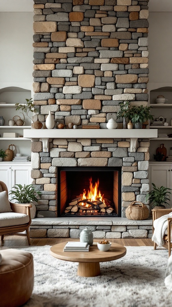 A cozy living room featuring a stacked stone fireplace with a warm fire, surrounded by plants and a simple coffee table.