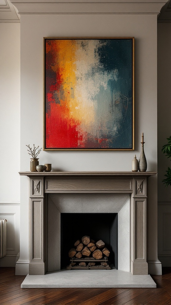 Art above a fireplace featuring a colorful abstract painting and decorative items on the mantel.