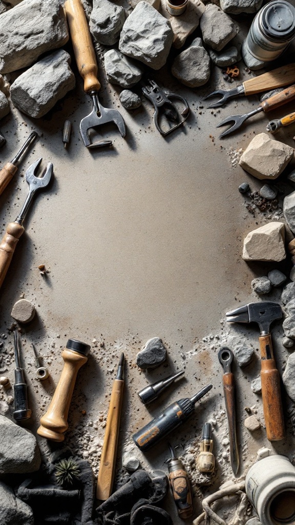 A variety of tools and stones arranged on a surface, ready for stacked stone installation.