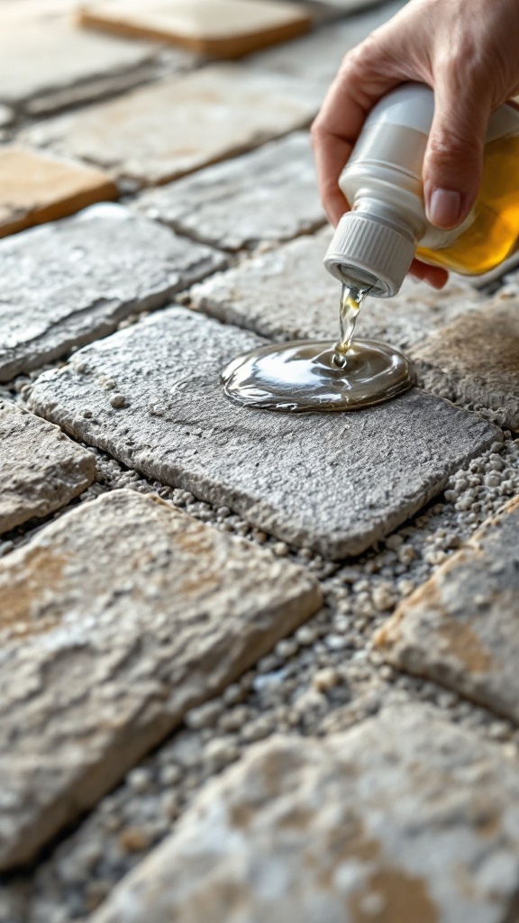 A hand pouring sealant onto a stacked stone fireplace surface