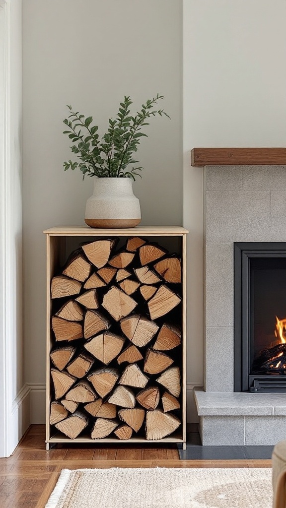 A stylish wooden firewood storage unit next to a fireplace, topped with a plant.