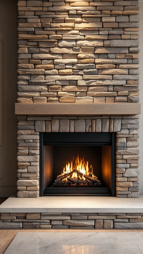 A beautifully designed stacked stone fireplace with warm lighting highlighting the texture of the stones and a cozy fire burning in the fireplace.