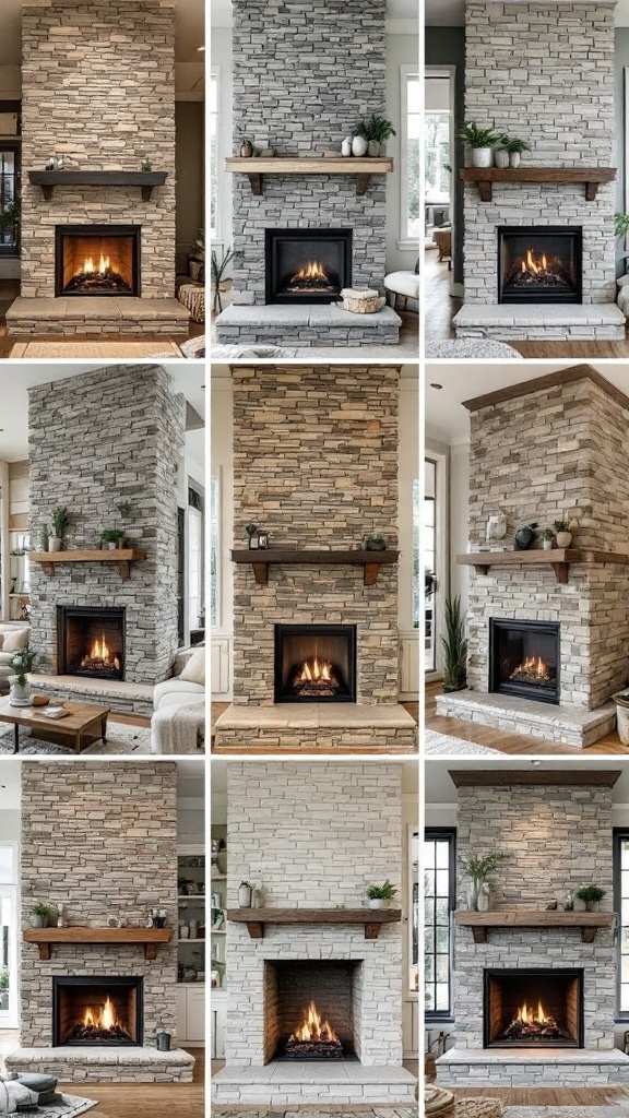 A collage of stacked stone fireplace designs showcasing various styles and colors.