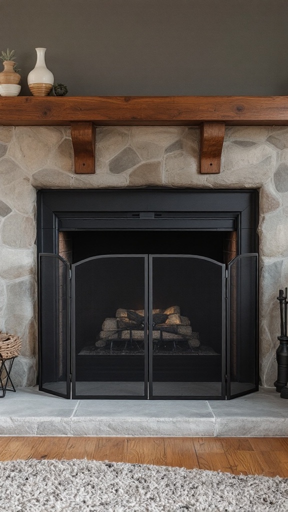 A stylish black fire screen in front of a stone fireplace, enhancing the overall decor.