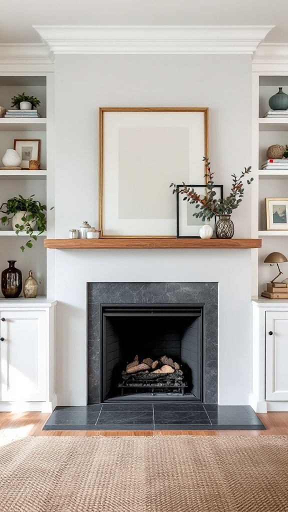 A stylish fireplace with white shelving on either side, decorated with plants and various decorative items.