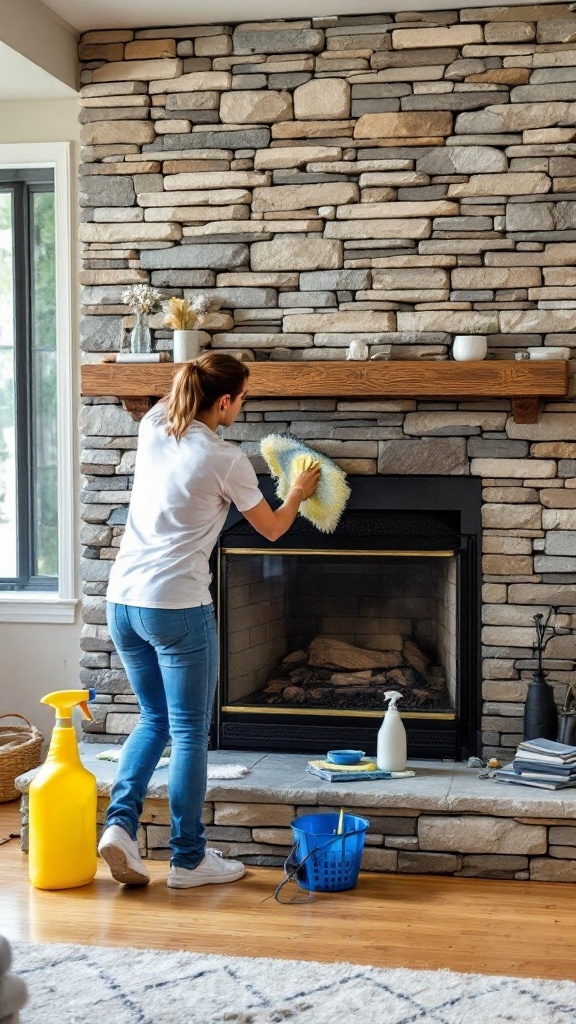 A person cleaning a stacked stone fireplace with a yellow cloth, surrounded by cleaning supplies