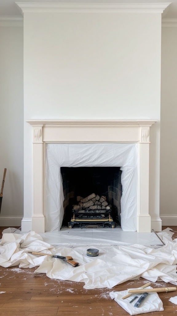 A prepared fireplace ready for a makeover, covered with plastic and drop cloths, tools scattered around.