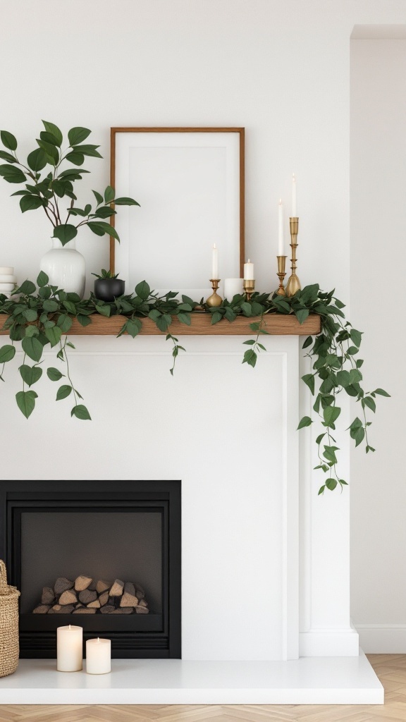 A minimalistic fireplace mantel decorated with greenery, candles, and a wooden frame.