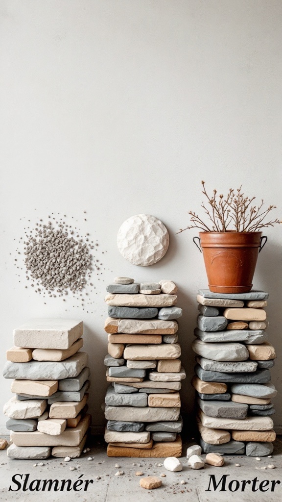 Different types of stone and mortar arranged aesthetically