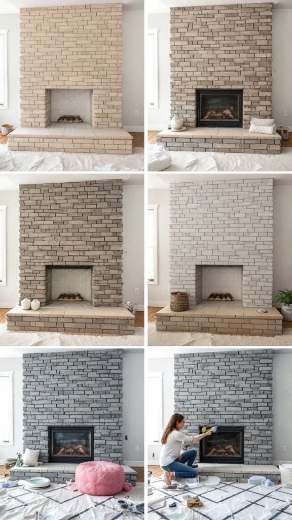 A step-by-step visual guide of a stacked stone fireplace makeover, showing different stages from a light base to darker shades, with a person painting the fireplace.