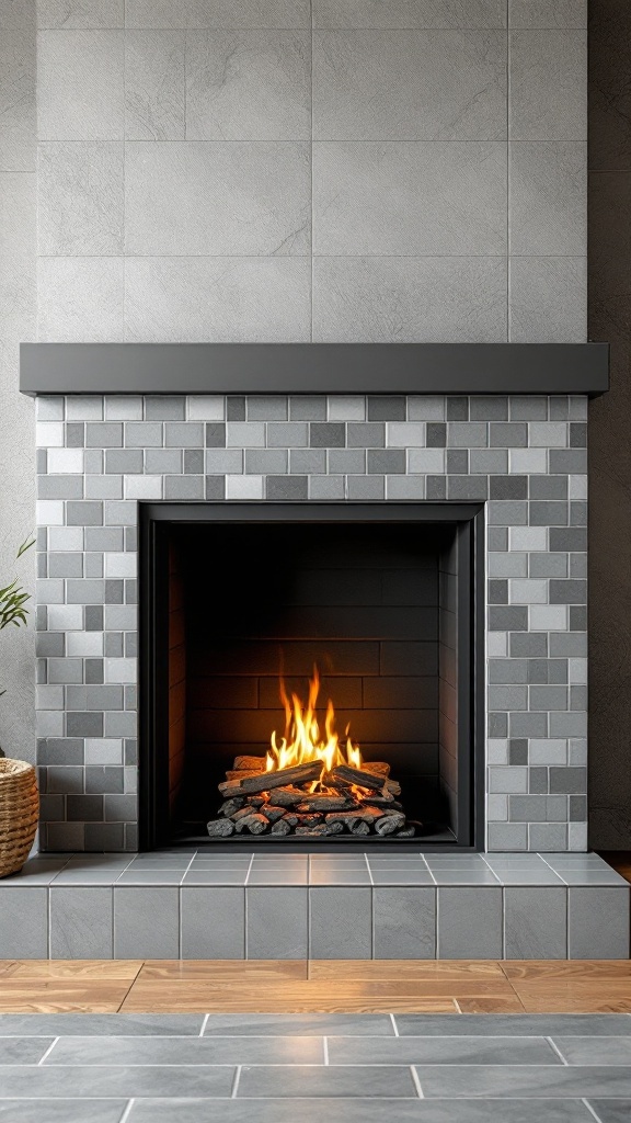 Modern fireplace with gray tiles and a warm fire burning inside.