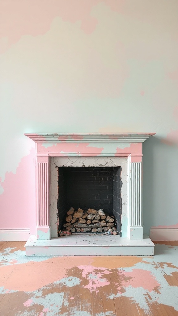A fireplace with a partially painted wall, showing a mix of light pink and blue colors.