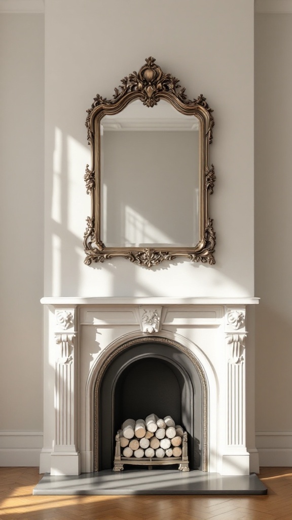 A white fireplace with a decorative mirror above it, featuring logs neatly stacked inside.