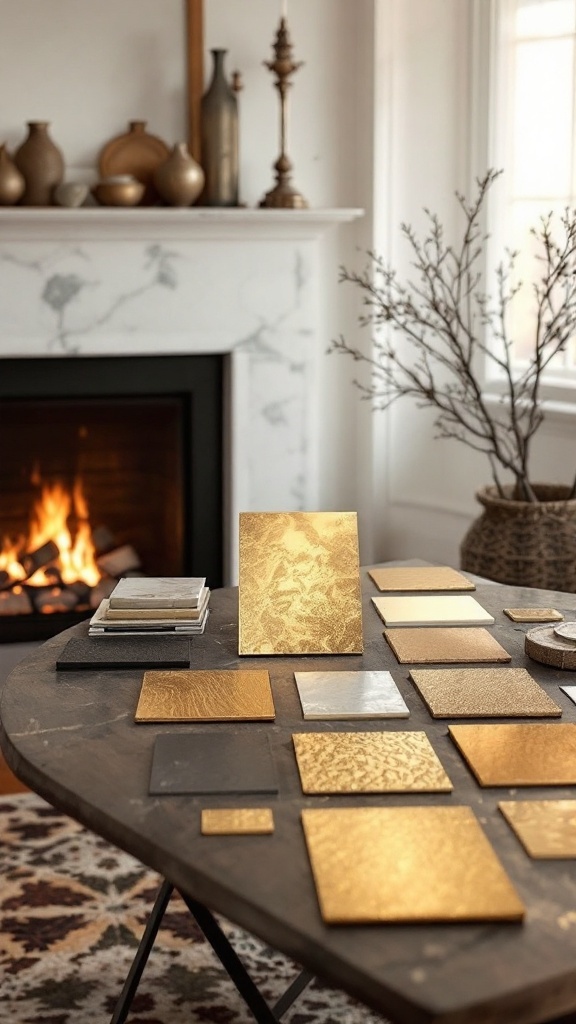 A table with various gold sample finishes for fireplace decoration, with a lit fireplace in the background.