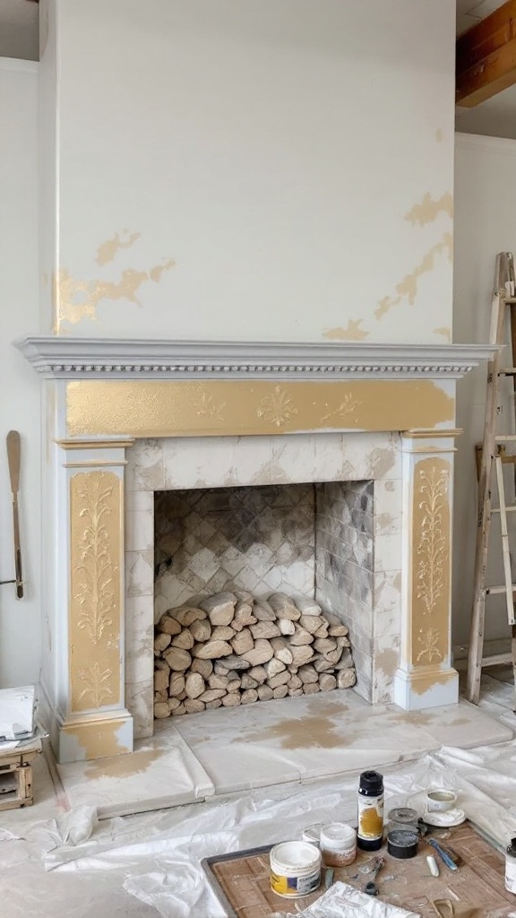 Gold fireplace mantel upgrade in progress with paint and tools around