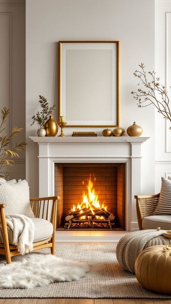 A cozy fireplace setup with gold accents, including a vase and candle holder, surrounded by comfortable seating.