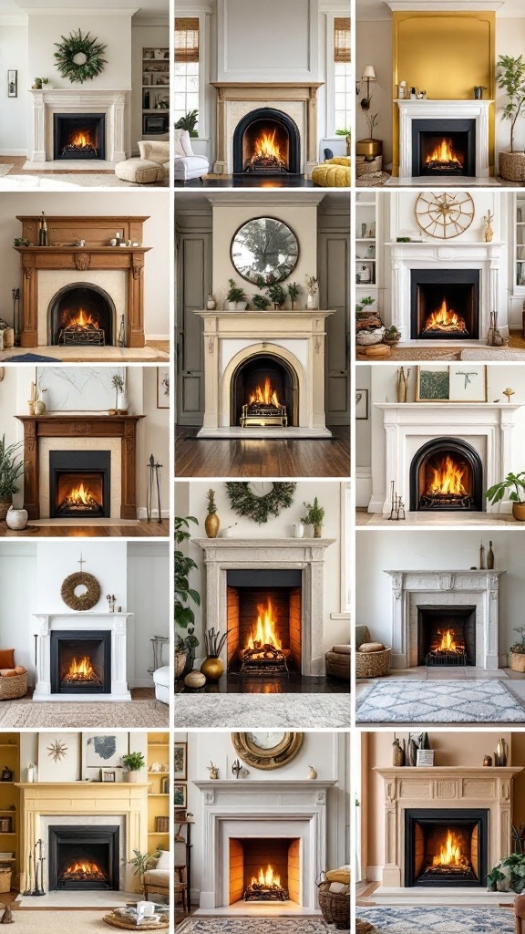 A collage of various gold fireplace designs showcasing different styles and decorations