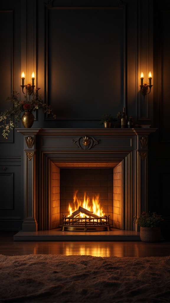 Cozy fireplace with gold accents and candle sconces, creating a warm ambiance.