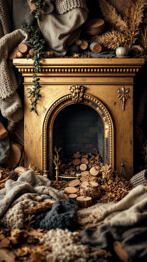 A beautifully styled gold fireplace surrounded by cozy textures and natural elements.