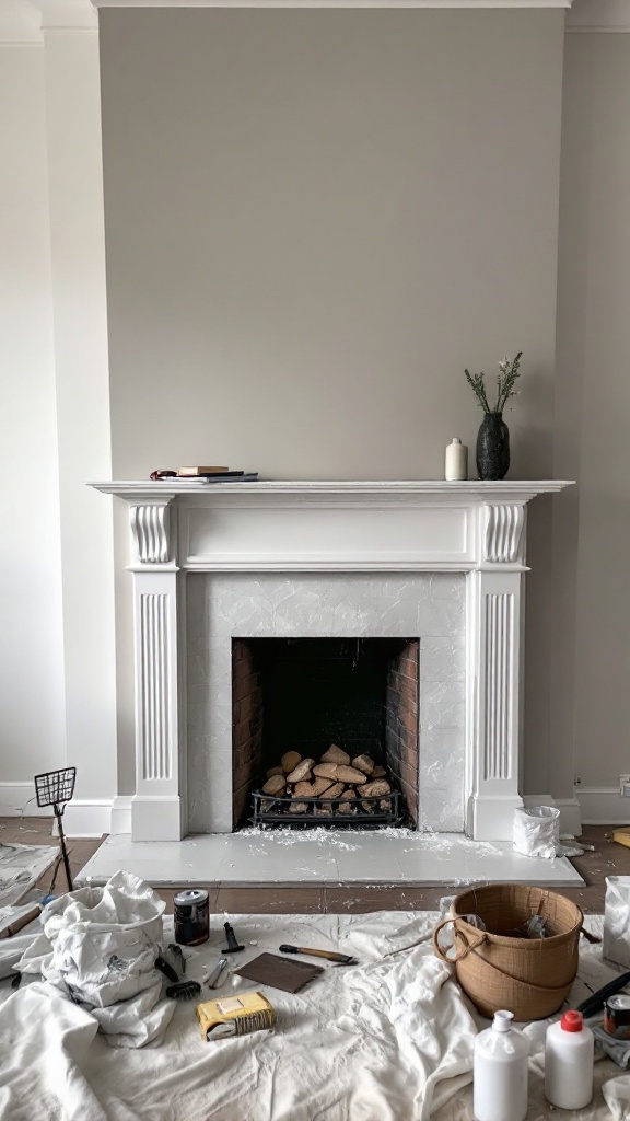 A fireplace makeover is in progress, with tools and paint supplies scattered on a drop cloth.