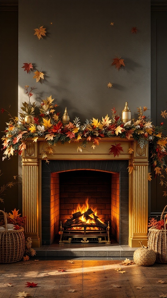 A beautifully decorated gold fireplace with autumn leaves and candles, creating a cozy seasonal atmosphere.