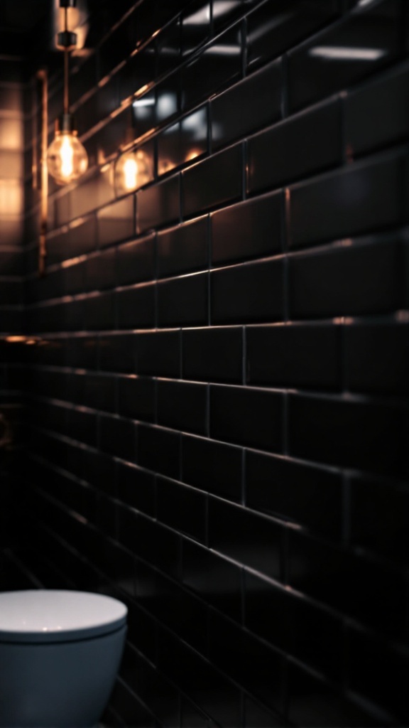 A modern bathroom featuring glossy black tiles on the wall and warm pendant lighting.