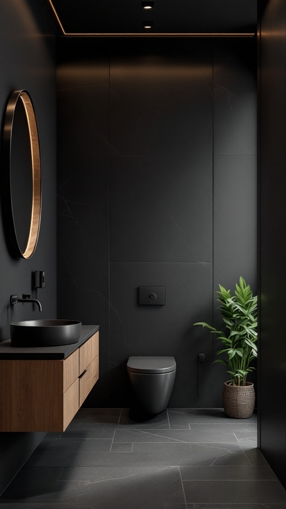 A modern black and wood bathroom with a round mirror, wooden vanity, and potted plant