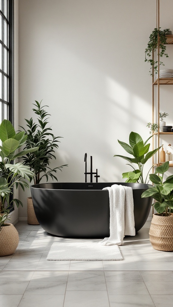 A modern black tub surrounded by greenery and wooden elements in a bathroom.